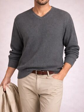 Guy Z Mens Ribbed Cotton Sweater L Gray Thick Cozy Classic‎ Everyday Essential